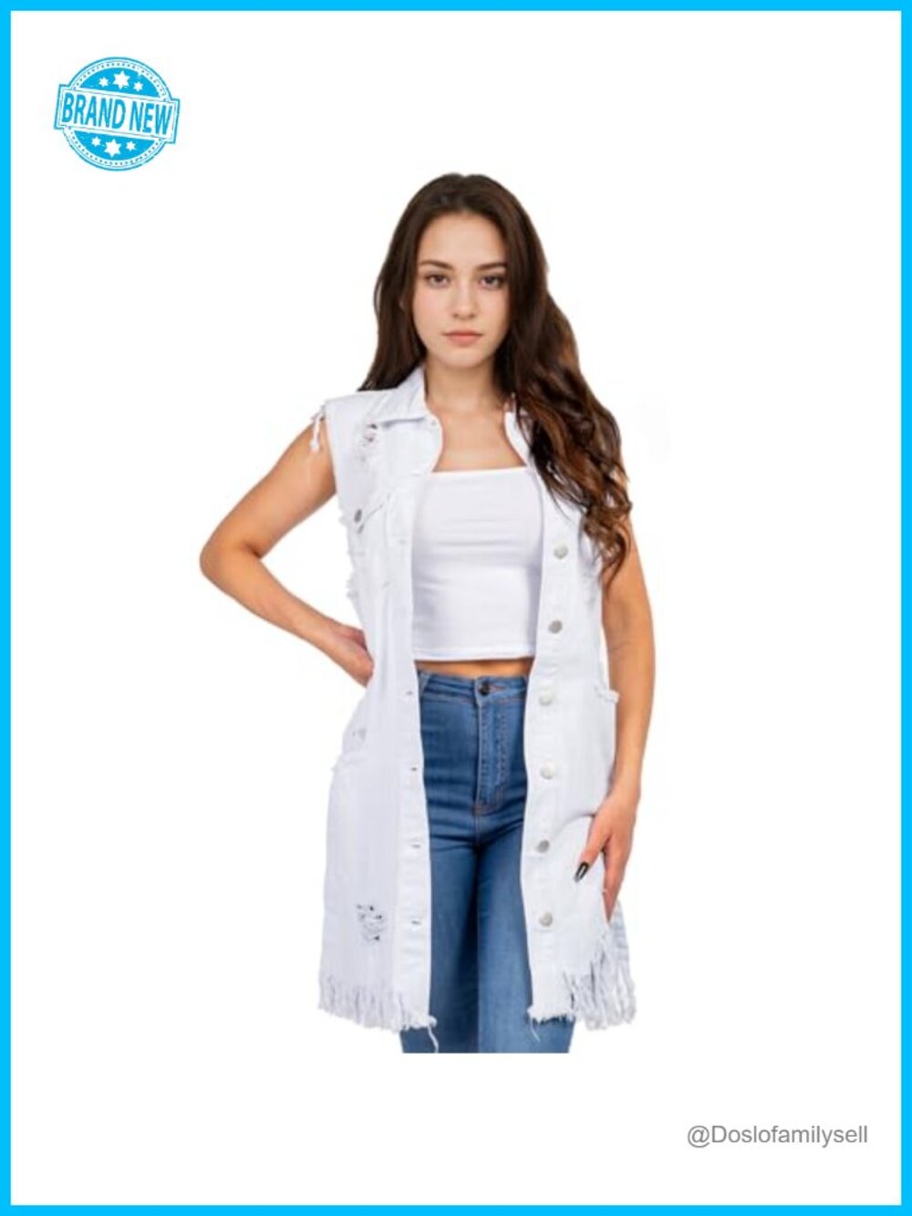 Women's Distressed Ripped Sleeveless Mid Long Denim Jacket Jean Vest Cardigan